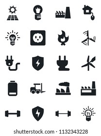 Set of vector isolated black icon - fork loader vector, bulb, factory, fire, barbell, low battery, protect, windmill, home control, socket, power plug, sun panel, idea