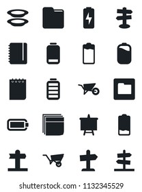 Set of vector isolated black icon - notepad vector, presentation board, wheelbarrow, signpost, battery, low, folder, charge, blank box, plates, guidepost