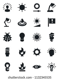 Set of vector isolated black icon - sun vector, bulb, lady bug, fire, eye, important flag, brightness, desk lamp, water, energy saving, shining head, idea