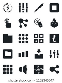 Set of vector isolated black icon - package vector, sorting, settings, touch screen, stop button, menu, folder, charge, application, pen, sound, information, social media