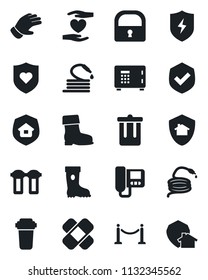 Set of vector isolated black icon - fence vector, trash bin, safe, glove, boot, hose, patch, heart shield, hand, protect, lock, estate insurance, intercome, water filter, home