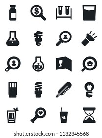 Set of vector isolated black icon - bulb vector, blood test vial, thermometer, heart diagnostic, ampoule, torch, estate search, client, wine card, drink, phyto bar, energy saving, consumer, money