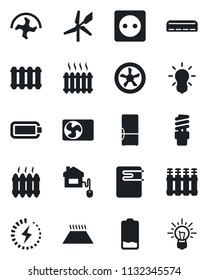 Set of vector isolated black icon - ripper vector, low battery, charge, heater, air conditioner, fridge, home control, socket, fan, water, radiator, warm floor, bulb, energy saving, windmill, idea