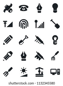 Set of vector isolated black icon - bulb vector, job, pencil, garden fork, shovel, well, satellite, brightness, fingerprint id, cellular signal, ink pen, phone, rolling pin, pc