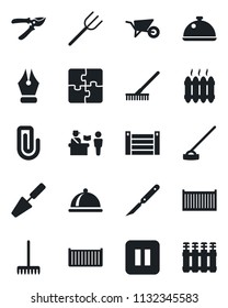 Set of vector isolated black icon - passport control vector, trowel, farm fork, rake, wheelbarrow, pruner, hoe, scalpel, cargo container, pause button, application, paper clip, ink pen, heater, dish