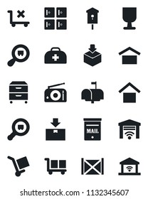 Set of vector isolated black icon - checkroom vector, bird house, doctor case, container, fragile, cargo, warehouse storage, no trolley, package, search, radio, archive box, mailbox