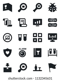 Set of vector isolated black icon - no laptop vector, contract, statistic monitor, lady bug, blood test vial, heart diagnostic, shield, package, search cargo, application, alcohol, wine card, flag