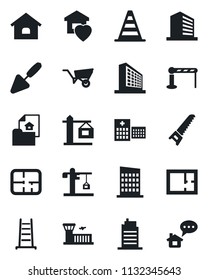 Set of vector isolated black icon - barrier vector, border cone, airport building, office, trowel, ladder, wheelbarrow, saw, hospital, house, plan, estate document, sweet home, city, crane, message