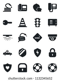 Set of vector isolated black icon - smoking place vector, alarm car, border cone, safe, hose, heart shield, traffic light, protect, lock, key, intercome, home, surveillance, sprinkler
