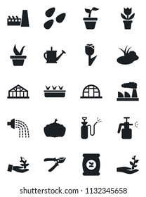Set of vector isolated black icon - factory vector, flower in pot, seedling, watering can, pruner, pumpkin, greenhouse, seeds, pond, garden sprayer, fertilizer, tulip, palm sproute