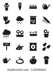 Set of vector isolated black icon - flower in pot vector, watering can, seedling, rain, plant label, seeds, pond, tulip, oil barrel, rolling pin, apple fruit, water filter