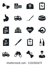 Set of vector isolated black icon - heart pulse vector, doctor case, diagnosis, pills, ampoule, scalpel, tomography, ambulance car, stomach, broken bone, clipboard, hospital