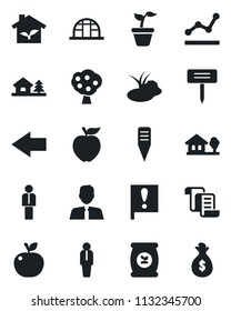 Set of vector isolated black icon - left arrow vector, manager, contract, seedling, plant label, greenhouse, pond, fertilizer, important flag, point graph, house with tree, fruit, estate agent, eco