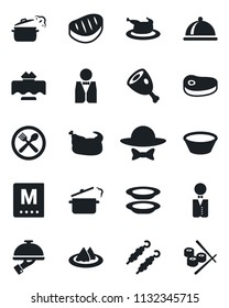 Set of vector isolated black icon - waiter vector, dish, restaurant table, serviette, cafe, menu, plates, dress code, chicken, steak, kebab, ham, bowl, steaming pan, sushi