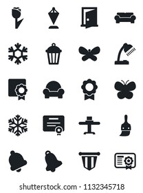 Set of vector isolated black icon - pennant vector, butterfly, garden light, tulip, themes, bell, sertificate, desk lamp, cushioned furniture, restaurant table, snowflake, door, certificate