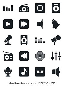 Set of vector isolated black icon - vinyl vector, microphone, radio, speaker, equalizer, play button, fast forward, rewind, tuning, bell, record, music, sound