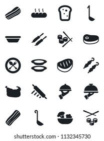 Set of vector isolated black icon - spoon and fork vector, salad, plates, bacon, waiter, bread, chicken, steak, kebab, ladle, bowl, rolling pin, sushi