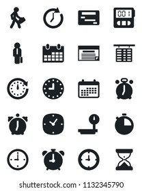 Set of vector isolated black icon - alarm clock vector, flight table, calendar, heavy scales, stopwatch, manager, schedule, sand
