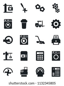 Set of vector isolated black icon - coffee machine vector, washer, fork loader, gear, ripper, lawn mower, tomography, printer, copier, crane, water filter, combination lock