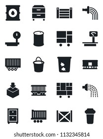 Set of vector isolated black icon - trash bin vector, bucket, watering, railroad, truck trailer, container, consolidated cargo, package, oil barrel, heavy scales, archive box, water filter