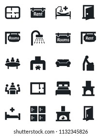Set of vector isolated black icon - baby room vector, shower, checkroom, meeting, fireplace, hospital bed, plan, rent, rooms, bedroom, cushioned furniture, door