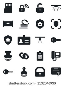 Set of vector isolated black icon - fence vector, identity, hose, chain, sd, lock, face id, card, stamp, key, estate insurance, wireless, intercome, home protect, sprinkler, certificate
