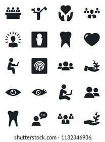 Set Of Vector Isolated Black Icon - Dispatcher Vector, Male, Team, Meeting, Heart Hand, Tooth, Eye, Speaker, Group, Fingerprint Id, Palm Sproute, Shining Head, Man With Notebook