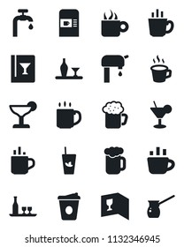 Set of vector isolated black icon - hot cup vector, coffee machine, water supply, alcohol, wine card, cocktail, phyto bar, beer, turkish