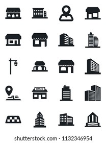 Set of vector isolated black icon - taxi vector, shop, office building, garden light, navigation, store, city house, cafe, storefront