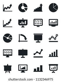 Set of vector isolated black icon - growth statistic vector, presentation board, crisis graph, circle chart, monitor pulse, statistics, bar, pie, point
