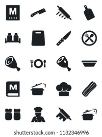 Set of vector isolated black icon - cook vector, cafe, hat, menu, bacon, salt and pepper, ham, bowl, rolling pin, cutting board, knife, steaming pan