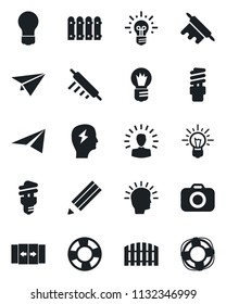 Set of vector isolated black icon - automatic door vector, brainstorm, bulb, camera, pencil, fence, rolling pin, energy saving, shining head, idea, paper plane, crisis management