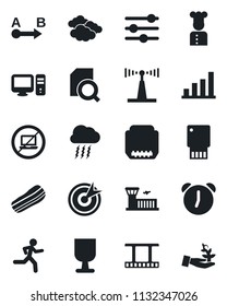 Set of vector isolated black icon - no laptop vector, clouds, storm cloud, airport building, run, fragile, route, film frame, antenna, hdmi, tuning, alarm, bar graph, document search, cook, bacon