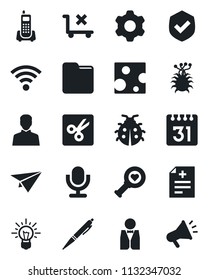 Set of vector isolated black icon - lady bug vector, diagnosis, heart diagnostic, virus, office phone, no trolley, shield, microphone, settings, user, folder, calendar, wireless, cut, pen, waiter
