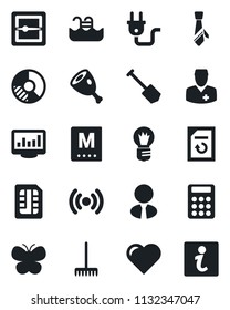 Set of vector isolated black icon - bulb vector, job, document reload, circle chart, rake, butterfly, heart, doctor, scanner, sim, monitor statistics, calculator, tie, pool, estate agent, menu, ham