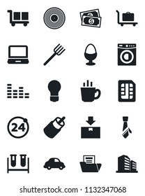 Set of vector isolated black icon - baggage trolley vector, 24 around, bulb, farm fork, blood test vial, cash, car delivery, cargo, package, vinyl, equalizer, laptop pc, rca, sim, document folder