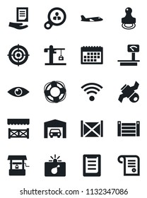 Set of vector isolated black icon - bomb in case vector, plane, document, well, eye, satellite, container, clipboard, heavy scales, calendar, target, stamp, garage, wireless, crane, alcove, contract