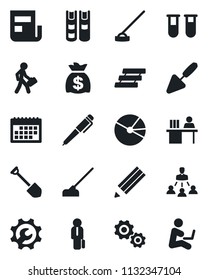 Set of vector isolated black icon - money bag vector, job, trowel, hoe, blood test vial, root setup, calendar, pie graph, news, manager desk, paper tray, hierarchy, pencil, book, pen, gear