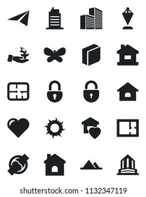 Set of vector isolated black icon - lock vector, pennant, butterfly, house, sun, heart, joint, office building, blank box, mountains, plan, sweet home, city, palm sproute, paper plane