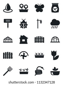 Set of vector isolated black icon - farm fork vector, ripper, fence, butterfly, lady bug, house, seedling, water drop, rain, hose, plant label, garden light, greenhouse, fertilizer, tulip, salad