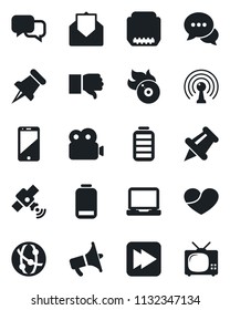 Set of vector isolated black icon - flame disk vector, antenna, satellite, loudspeaker, network, cell phone, dialog, laptop pc, finger down, heart, paper pin, battery, low, mail, fast forward, hdmi