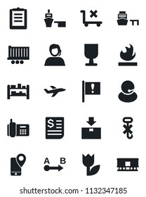 Set of vector isolated black icon - important flag vector, plane, office phone, support, mobile tracking, truck trailer, receipt, sea port, clipboard, fragile, no trolley, hook, tulip, package, rack