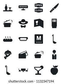Set of vector isolated black icon - waiter vector, alcohol, wine card, menu, reserved, drink, cocktail, bread, cafe table, dress code, open close, credit, hot dog, ladle, knife, steaming pan