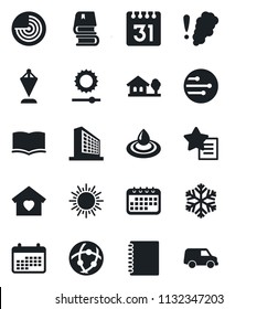 Set of vector isolated black icon - sun vector, radar, office building, book, pennant, favorites list, network, calendar, brightness, copybook, house with tree, sweet home, snowflake, water, car