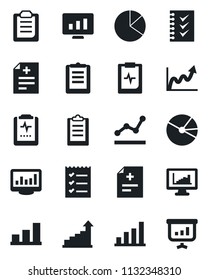 Set of vector isolated black icon - growth statistic vector, monitor, diagnosis, pulse clipboard, statistics, bar graph, pie, checklist, point, presentation