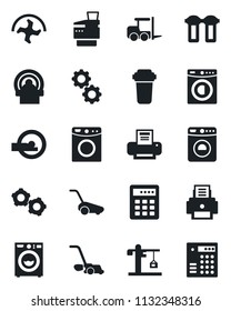 Set of vector isolated black icon - washer vector, fork loader, gear, ripper, lawn mower, tomography, printer, copier, crane, water filter, combination lock
