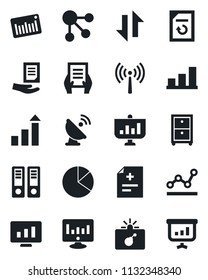 Set of vector isolated black icon - antenna vector, bomb in case, growth statistic, office binder, document, monitor, reload, diagnosis, barcode, satellite, data exchange, bar graph, pie, point