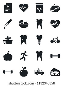 Set of vector isolated black icon - pumpkin vector, seeds, heart pulse, diagnosis, dropper, ambulance car, barbell, bike, run, tooth, caries, implant, diet, salad, apple fruit, cheese