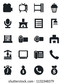 Set of vector isolated black icon - alarm clock vector, phone, abacus, well, film frame, tv, video camera, microphone, call, office, fireplace, outdoor lamp, money bag