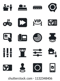 Set of vector isolated black icon - airport tower vector, baggage conveyor, passport control, stamp, radar, gamepad, settings, fast forward, tuning, record, air conditioner, vip zone, home, app